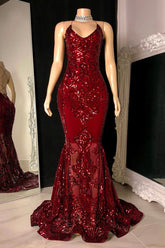 Burgundy Spaghetti Straps Tulle Appliques Open Back Prom Dress